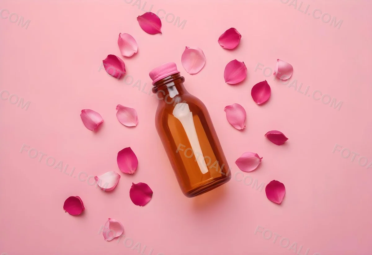 Minimal Soft Studio Light Photography An Amber Glass Bottle With A Pink Cap Surrounded By Pink Flower Petals On A Pink Background Top View Flat Lay Studio Shot High Detail Solid Bold Color Background 27 Afcd