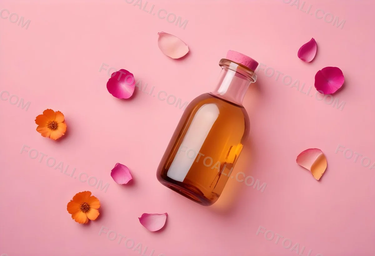 Minimal Soft Studio Light Photography An Amber Glass Bottle With A Pink Cap Surrounded By Pink Flower Petals On A Pink Background Top View Flat Lay Studio Shot High Detail Solid Bold Color Background 30 222c