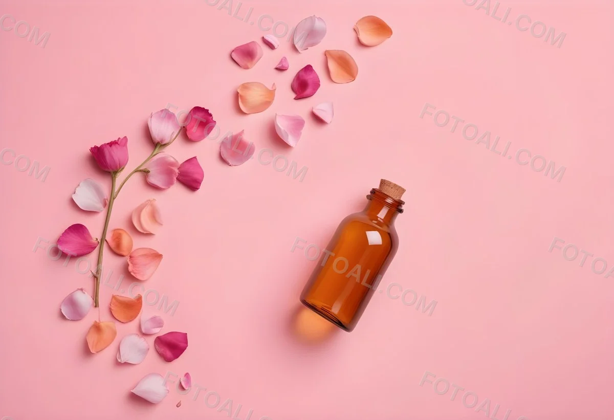 Minimal Soft Studio Light Photography An Amber Glass Bottle With A Pink Cap Surrounded By Pink Flower Petals On A Pink Background Top View Flat Lay Studio Shot High Detail Solid Bold Color Background 32 F467