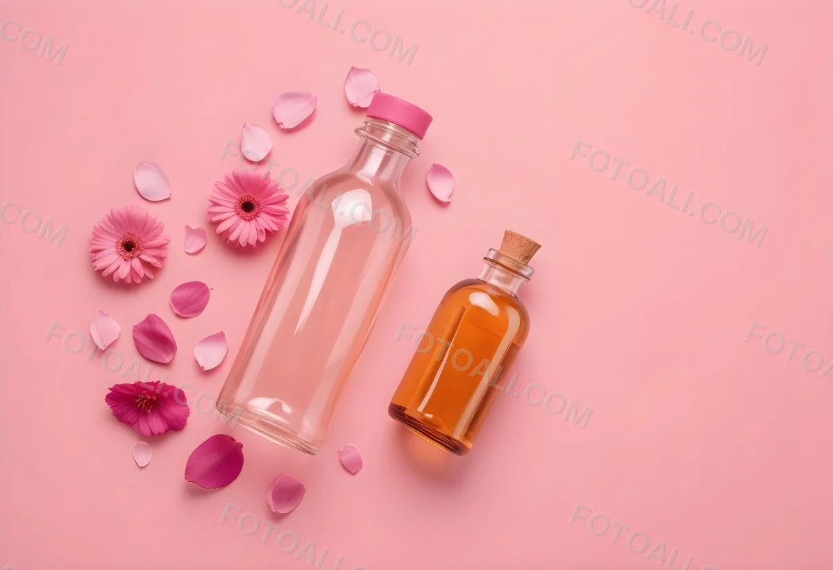 Minimal Soft Studio Light Photography An Amber Glass Bottle With A Pink Cap Surrounded By Pink Flower Petals On A Pink Background Top View Flat Lay Studio Shot High Detail Solid Bold Color Background 40 8808