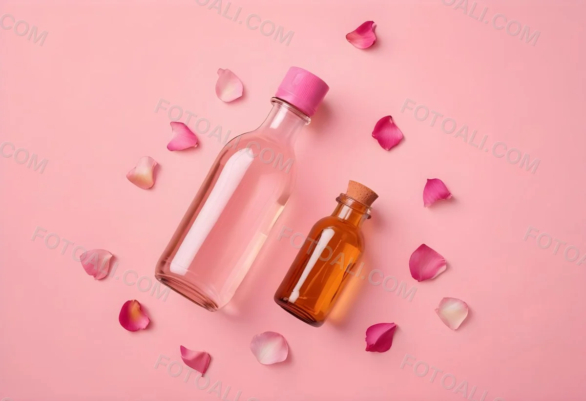 Minimal Soft Studio Light Photography An Amber Glass Bottle With A Pink Cap Surrounded By Pink Flower Petals On A Pink Background Top View Flat Lay Studio Shot High Detail Solid Bold Color Background 41 17b0