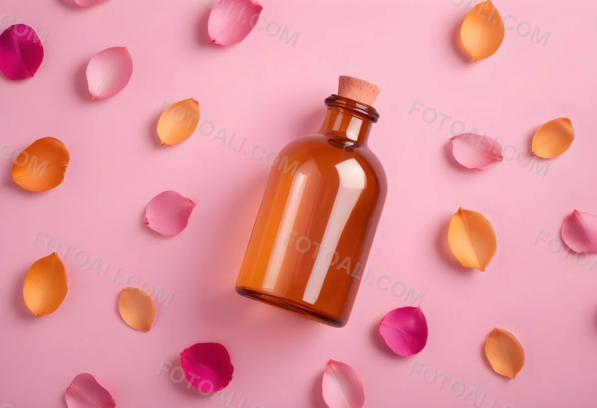 Minimal Soft Studio Light Photography An Amber Glass Bottle With A Pink Cap Surrounded By Pink Flower Petals On A Pink Background Top View Flat Lay Studio Shot High Detail Solid Bold Color Background 46 E3fc