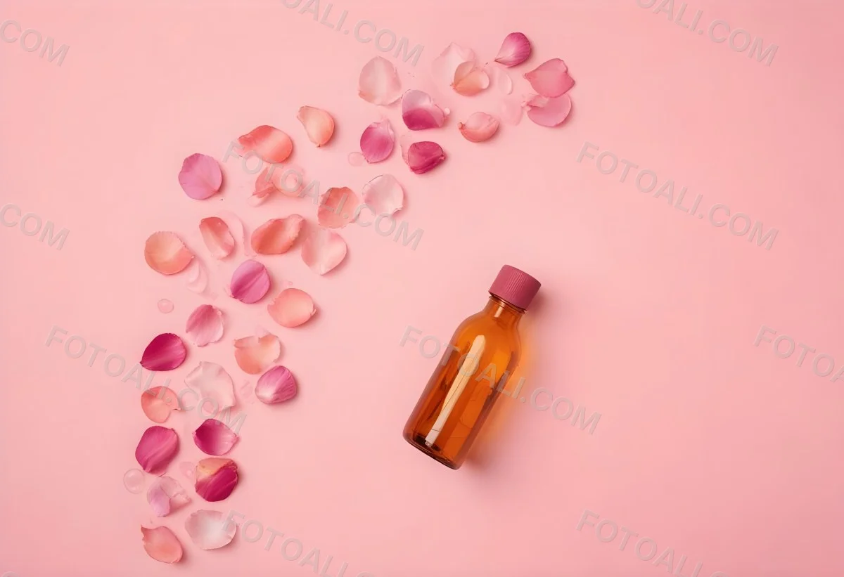 Minimal Soft Studio Light Photography An Amber Glass Bottle With A Pink Cap Surrounded By Pink Flower Petals On A Pink Background Top View Flat Lay Studio Shot High Detail Solid Bold Color Background 47 Bdca