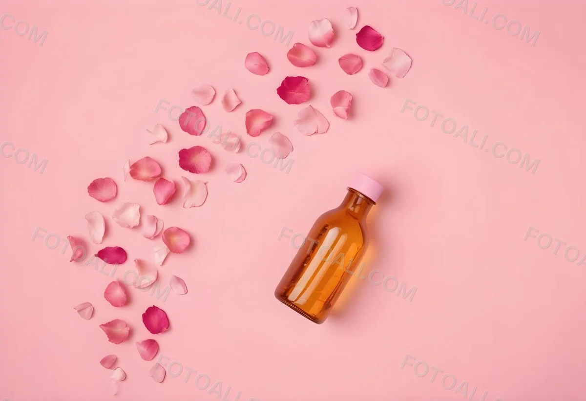 Minimal Soft Studio Light Photography An Amber Glass Bottle With A Pink Cap Surrounded By Pink Flower Petals On A Pink Background Top View Flat Lay Studio Shot High Detail Solid Bold Color Background 6 F642