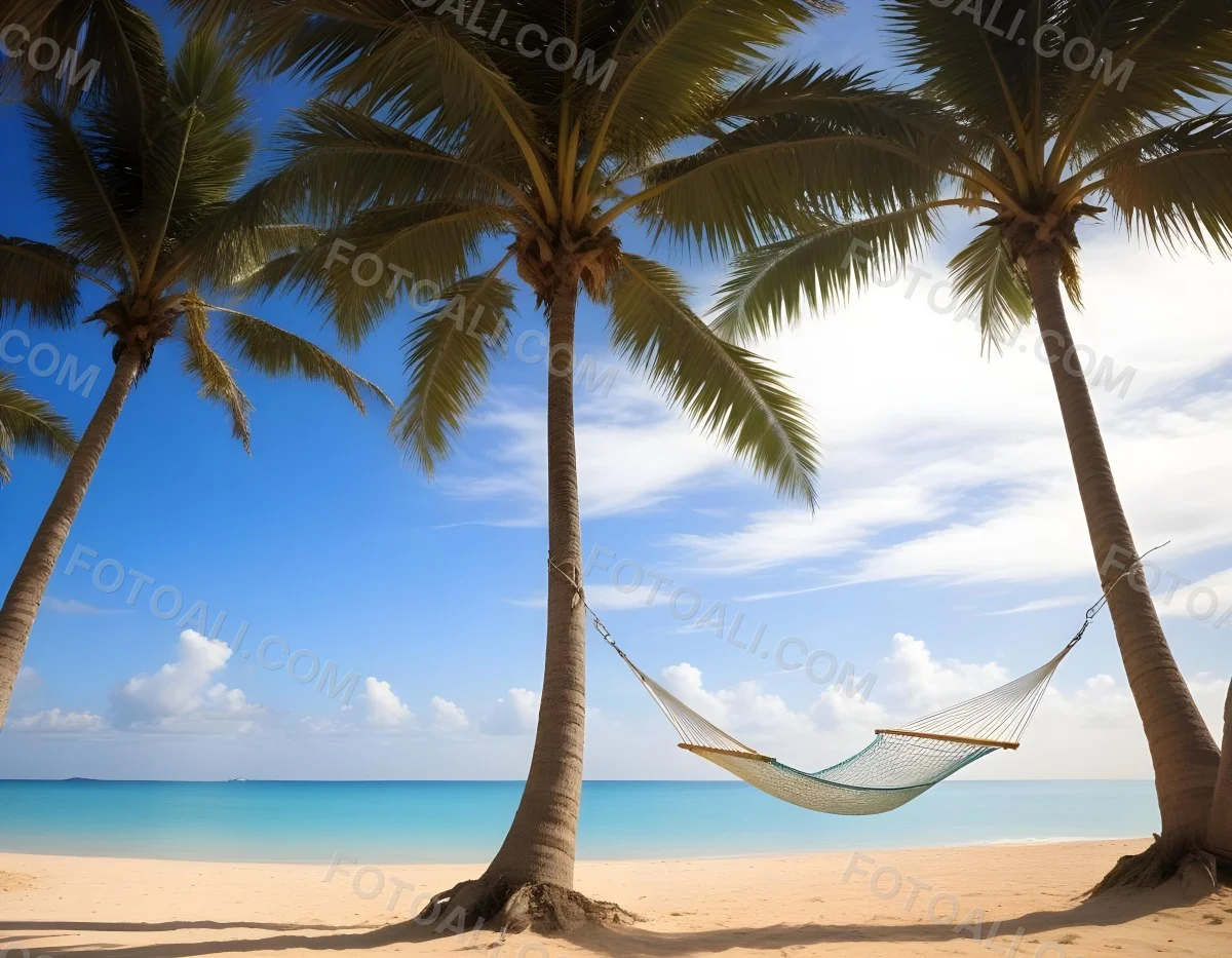 Minimal Soft Studio Light Photography Beach Scene With Two Tall Palm Trees On Either Side A Blue Hammock Strung Between Them Soft Sandy Shore Calm Turquoise Water And A Clear Blue Sky With A Few Clouds In The Backg 10 5ac5