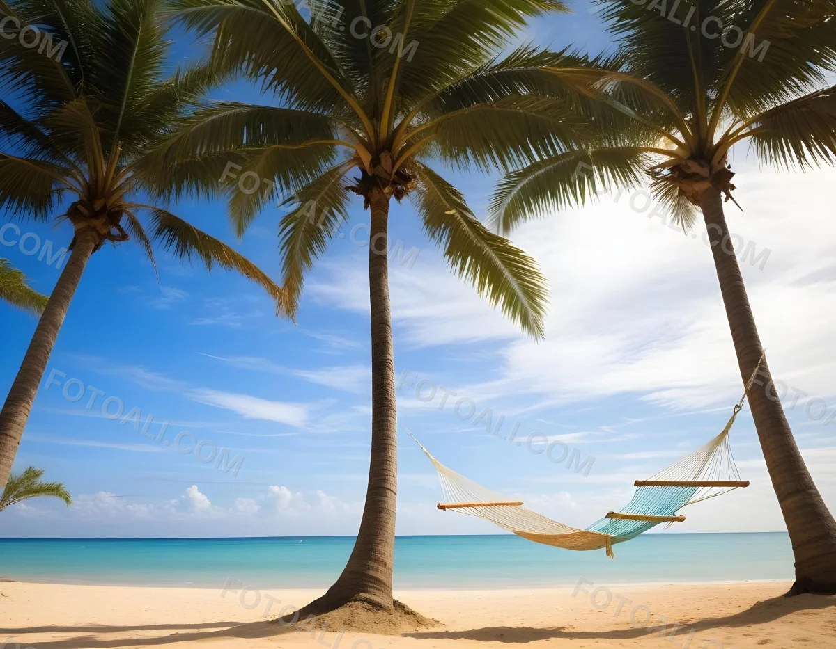 Minimal Soft Studio Light Photography Beach Scene With Two Tall Palm Trees On Either Side A Blue Hammock Strung Between Them Soft Sandy Shore Calm Turquoise Water And A Clear Blue Sky With A Few Clouds In The Backg 11 30dc