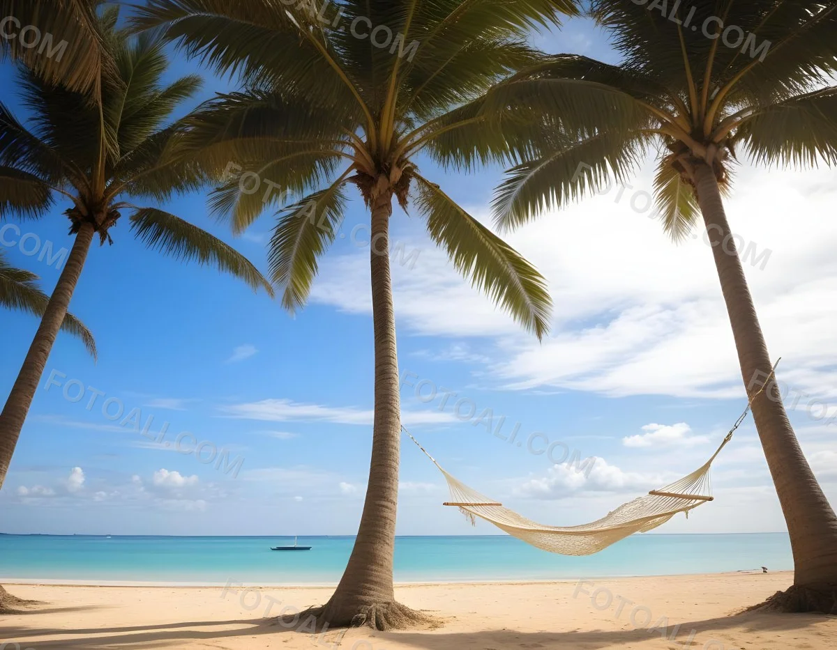 Minimal Soft Studio Light Photography Beach Scene With Two Tall Palm Trees On Either Side A Blue Hammock Strung Between Them Soft Sandy Shore Calm Turquoise Water And A Clear Blue Sky With A Few Clouds In The Backg 12 3fd9