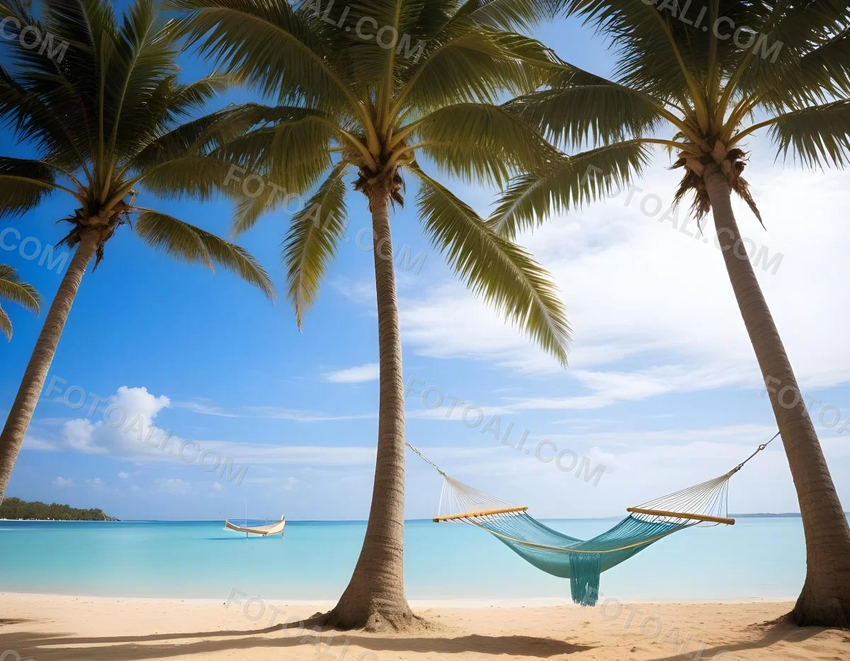 Minimal Soft Studio Light Photography Beach Scene With Two Tall Palm Trees On Either Side A Blue Hammock Strung Between Them Soft Sandy Shore Calm Turquoise Water And A Clear Blue Sky With A Few Clouds In The Backg 3 Bc3f