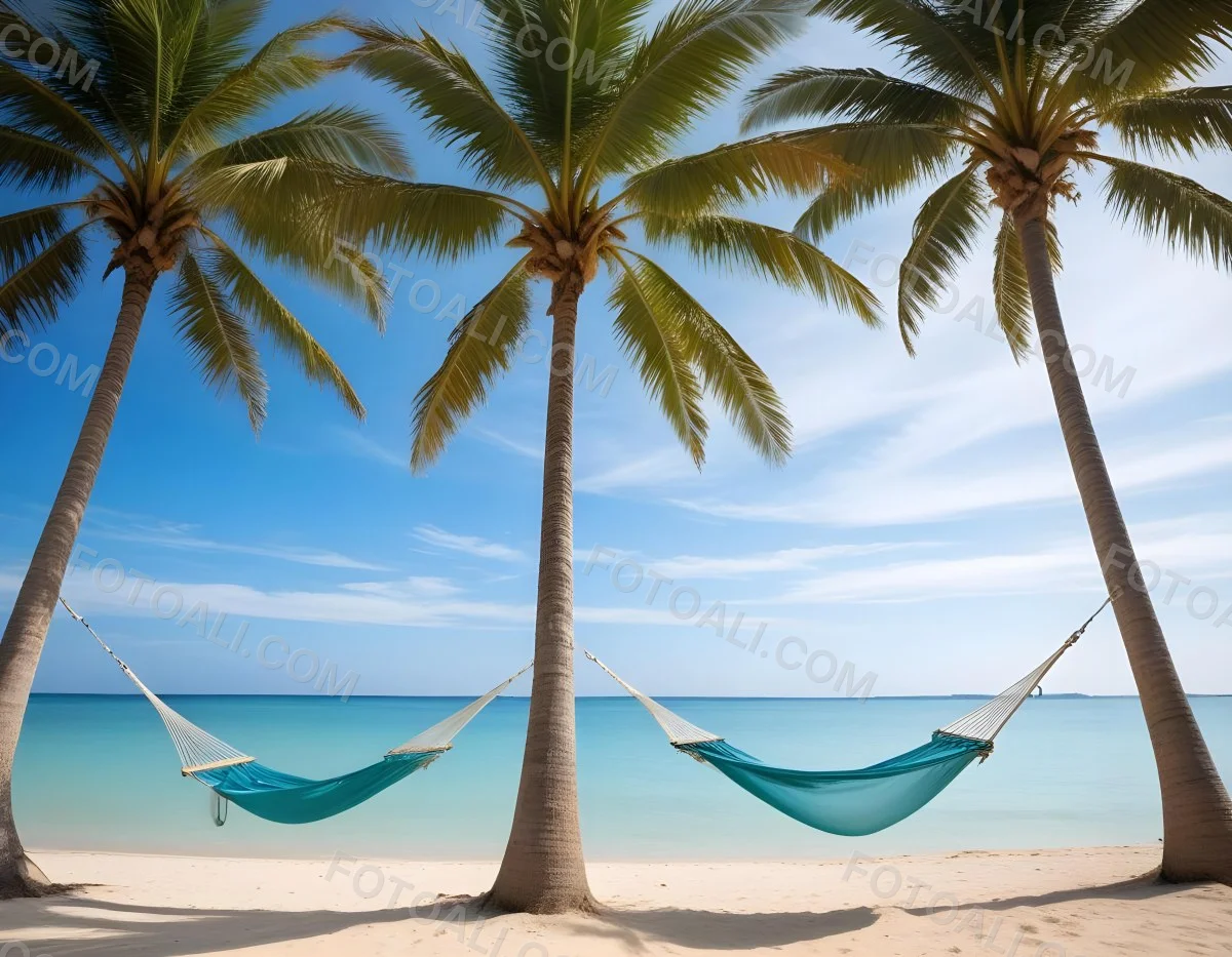 Minimal Soft Studio Light Photography Beach Scene With Two Tall Palm Trees On Either Side A Blue Hammock Strung Between Them Soft Sandy Shore Calm Turquoise Water And A Clear Blue Sky With A Few Clouds In The Backg 4 E2c3