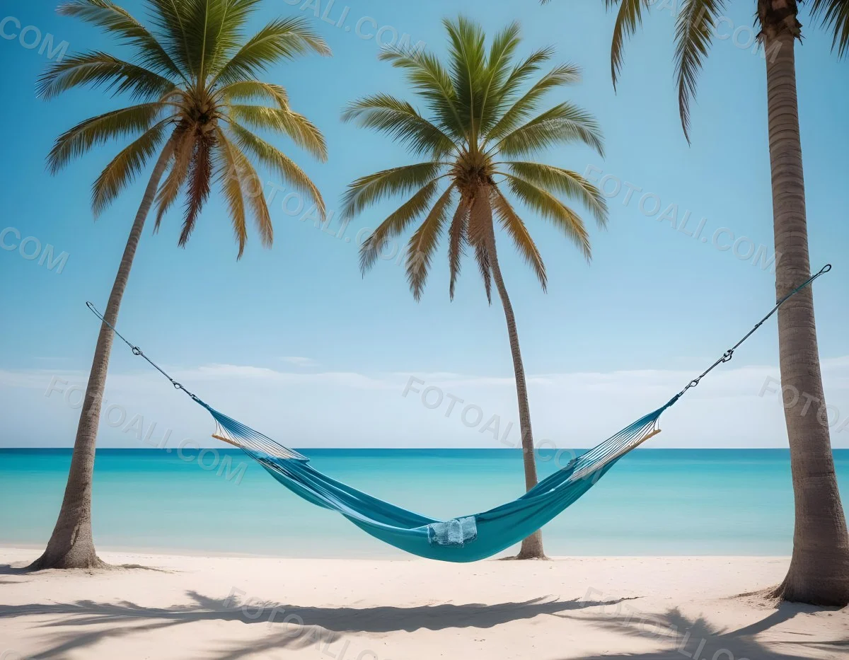 Minimal Soft Studio Light Photography Beach Scene With Two Tall Palm Trees On Either Side A Blue Hammock Strung Between Them Soft Sandy Shore Calm Turquoise Water And A Clear Blue Sky With A Few Clouds In The Backg 6 3fca