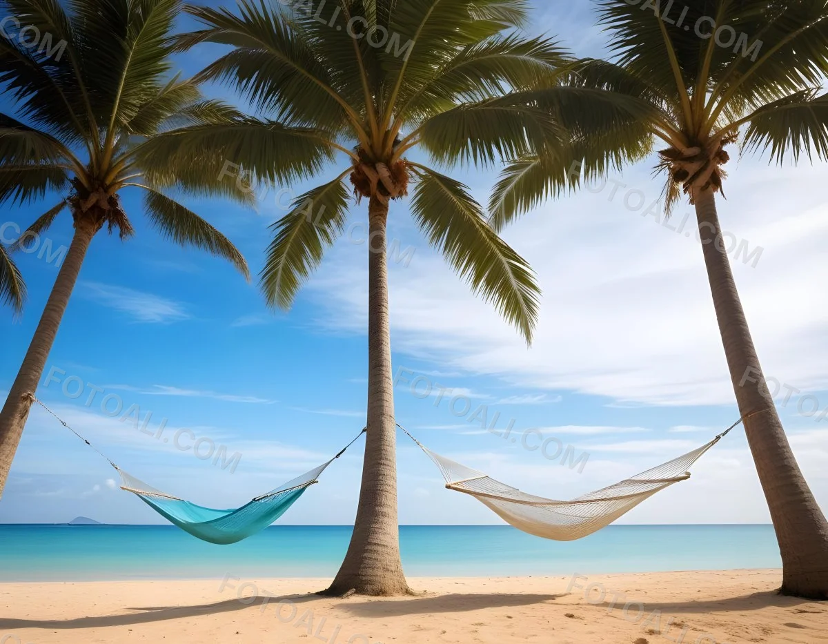 Minimal Soft Studio Light Photography Beach Scene With Two Tall Palm Trees On Either Side A Blue Hammock Strung Between Them Soft Sandy Shore Calm Turquoise Water And A Clear Blue Sky With A Few Clouds In The Backg 7 F2a3