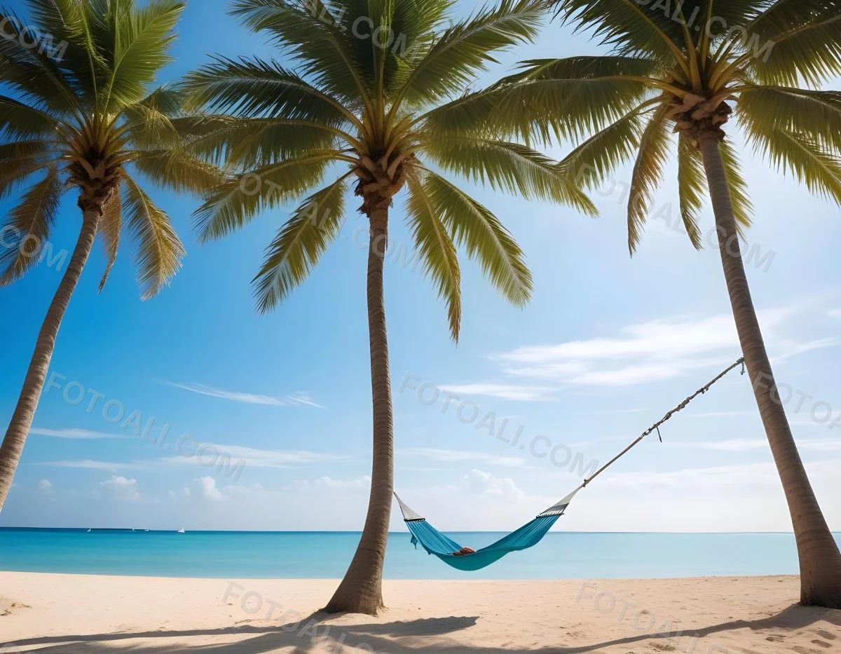 Minimal Soft Studio Light Photography Beach Scene With Two Tall Palm Trees On Either Side A Blue Hammock Strung Between Them Soft Sandy Shore Calm Turquoise Water And A Clear Blue Sky With A Few Clouds In The Backg 8 F51b