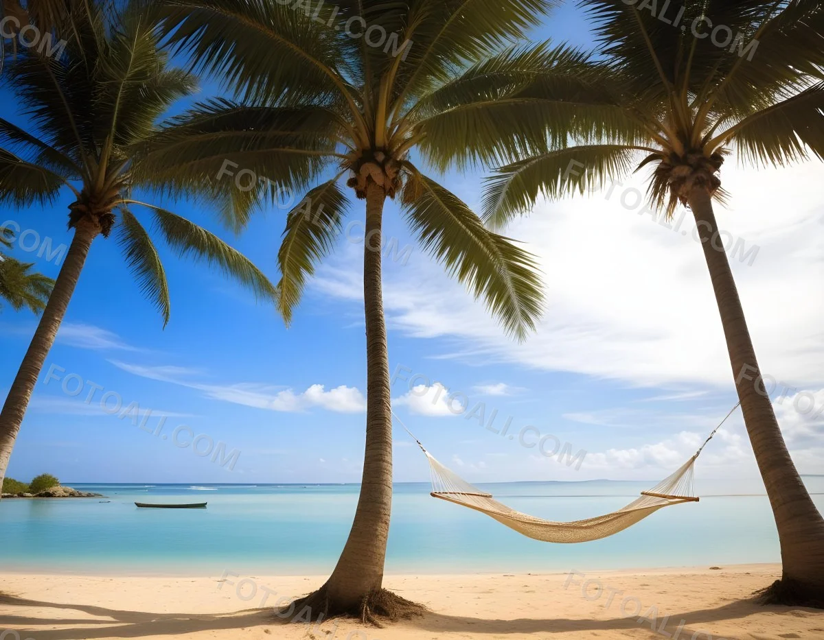 Minimal Soft Studio Light Photography Beach Scene With Two Tall Palm Trees On Either Side A Blue Hammock Strung Between Them Soft Sandy Shore Calm Turquoise Water And A Clear Blue Sky With A Few Clouds In The Backg 9 0d6c