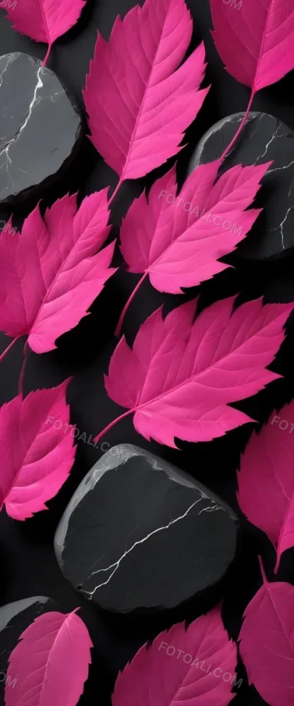 Minimal Soft Studio Light Photography Bright Pink Leaves With Prominent Veins Arranged Over A Textured Black Background Resembling Stones High Detail Solid Bold Color Background 12 C903
