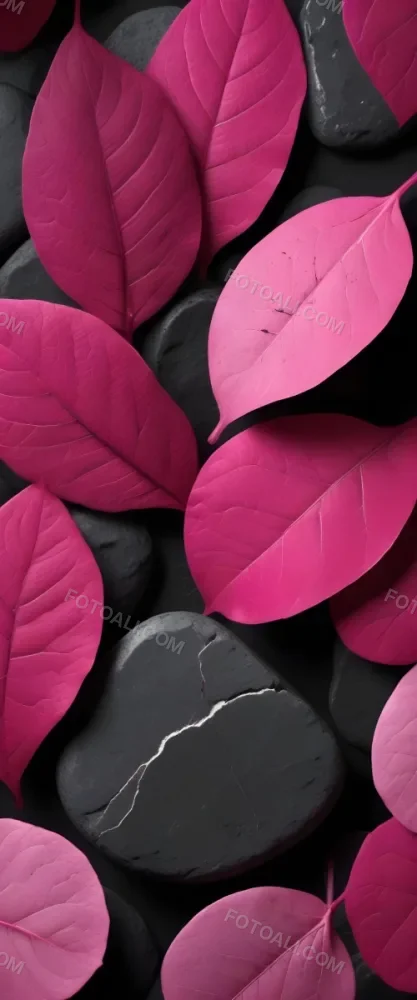 Minimal Soft Studio Light Photography Bright Pink Leaves With Prominent Veins Arranged Over A Textured Black Background Resembling Stones High Detail Solid Bold Color Background 14 90ee