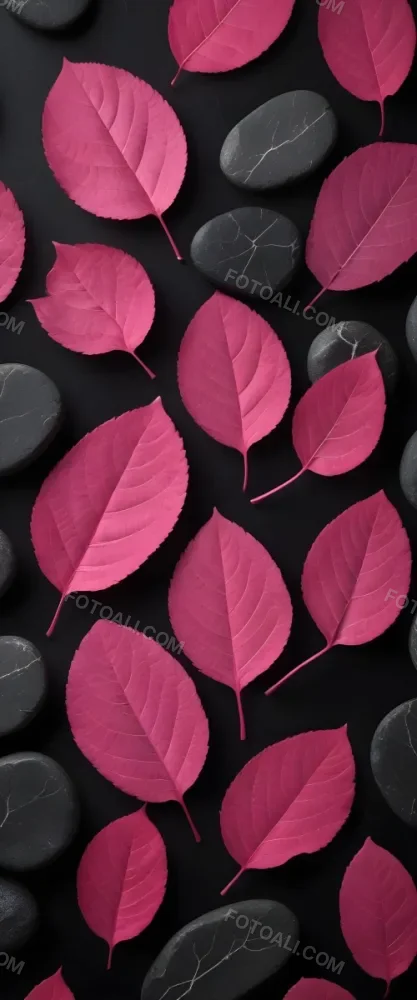 Minimal Soft Studio Light Photography Bright Pink Leaves With Prominent Veins Arranged Over A Textured Black Background Resembling Stones High Detail Solid Bold Color Background 15 937b