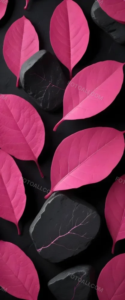 Minimal Soft Studio Light Photography Bright Pink Leaves With Prominent Veins Arranged Over A Textured Black Background Resembling Stones High Detail Solid Bold Color Background 17 6d47
