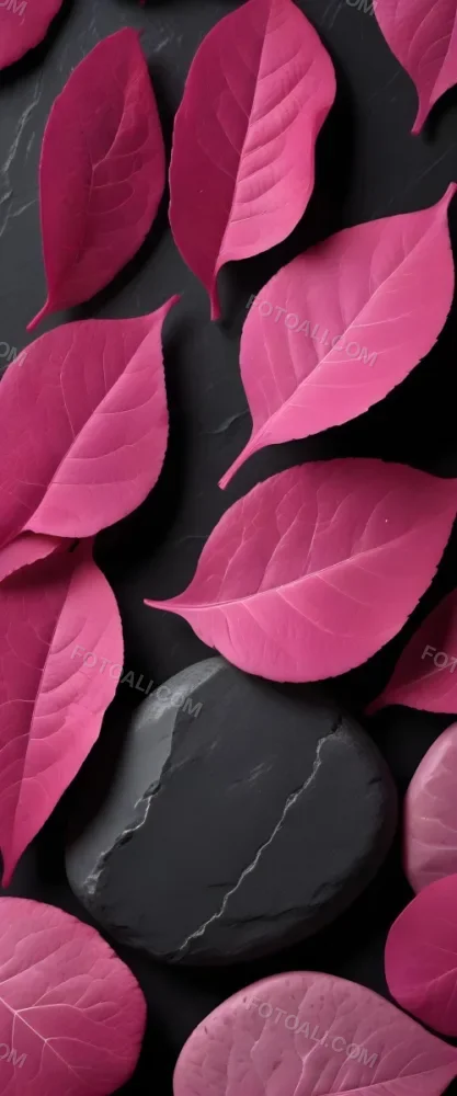 Minimal Soft Studio Light Photography Bright Pink Leaves With Prominent Veins Arranged Over A Textured Black Background Resembling Stones High Detail Solid Bold Color Background 24 E8ab