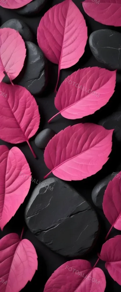 Minimal Soft Studio Light Photography Bright Pink Leaves With Prominent Veins Arranged Over A Textured Black Background Resembling Stones High Detail Solid Bold Color Background 3 25ea