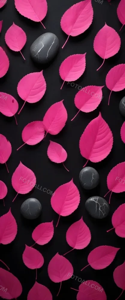 Minimal Soft Studio Light Photography Bright Pink Leaves With Prominent Veins Arranged Over A Textured Black Background Resembling Stones High Detail Solid Bold Color Background 4 58bf