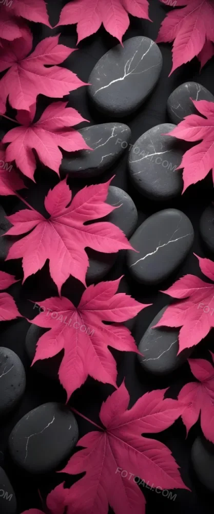 Minimal Soft Studio Light Photography Bright Pink Leaves With Prominent Veins Arranged Over A Textured Black Background Resembling Stones High Detail Solid Bold Color Background 5 8969