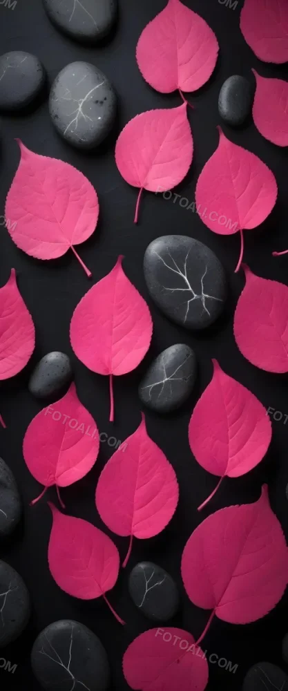 Minimal Soft Studio Light Photography Bright Pink Leaves With Prominent Veins Arranged Over A Textured Black Background Resembling Stones High Detail Solid Bold Color Background 9 488f