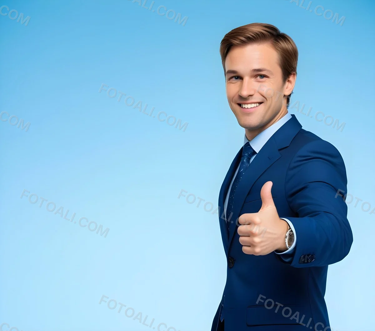 Minimal Soft Studio Light Photography Caucasian Male Approximately 30 Years Old With Light Brown Hair Wearing A Blue Suit And Tie Smiling With Arms Crossed Against A Light Blue Background High Detail Solid Bol 11 Cab0