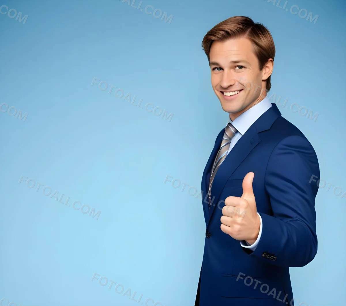 Minimal Soft Studio Light Photography Caucasian Male Approximately 30 Years Old With Light Brown Hair Wearing A Blue Suit And Tie Smiling With Arms Crossed Against A Light Blue Background High Detail Solid Bol 13 30e5