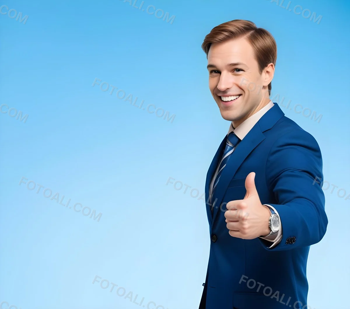 Minimal Soft Studio Light Photography Caucasian Male Approximately 30 Years Old With Light Brown Hair Wearing A Blue Suit And Tie Smiling With Arms Crossed Against A Light Blue Background High Detail Solid Bol 14 60bf