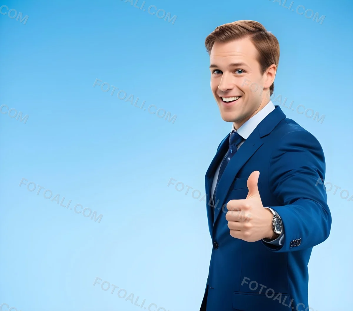 Minimal Soft Studio Light Photography Caucasian Male Approximately 30 Years Old With Light Brown Hair Wearing A Blue Suit And Tie Smiling With Arms Crossed Against A Light Blue Background High Detail Solid Bol 15 9c37