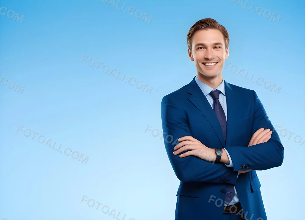 Minimal Soft Studio Light Photography Caucasian Male Approximately 30 Years Old With Light Brown Hair Wearing A Blue Suit And Tie Smiling With Arms Crossed Against A Light Blue Background High Detail Solid Bol 19 5d51