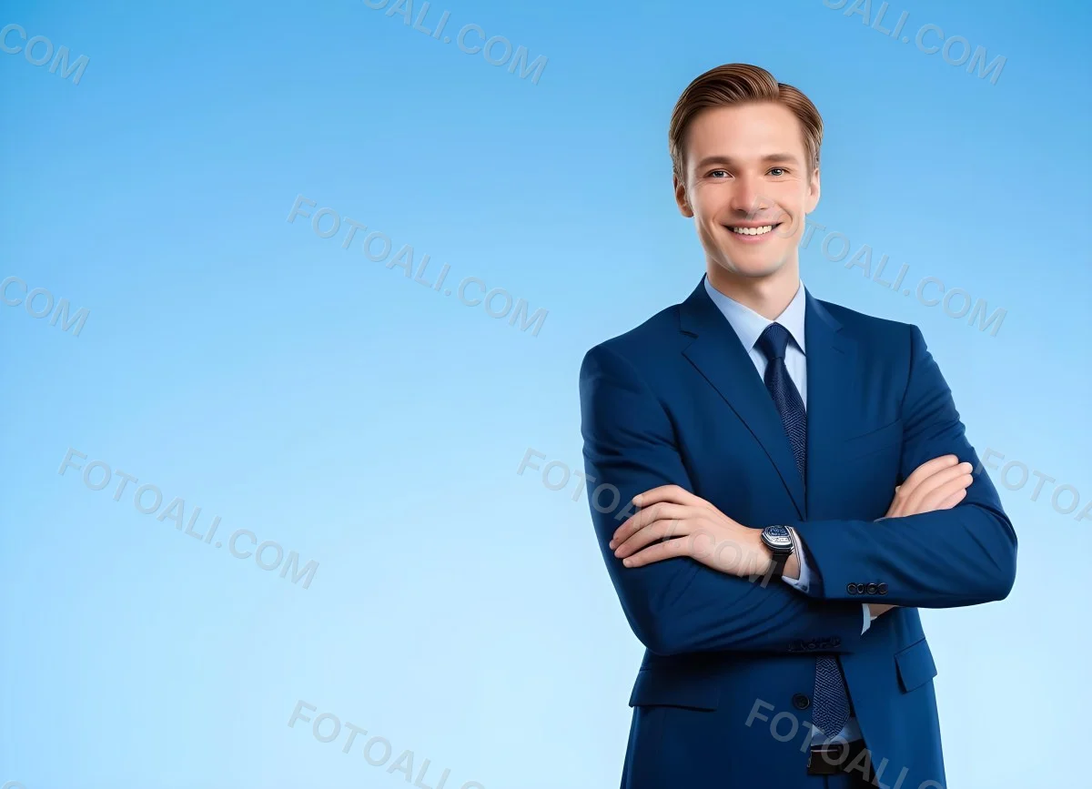 Minimal Soft Studio Light Photography Caucasian Male Approximately 30 Years Old With Light Brown Hair Wearing A Blue Suit And Tie Smiling With Arms Crossed Against A Light Blue Background High Detail Solid Bol 20 5f9e