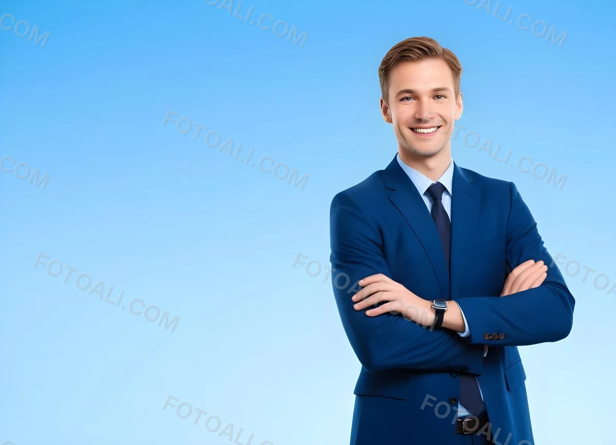Minimal Soft Studio Light Photography Caucasian Male Approximately 30 Years Old With Light Brown Hair Wearing A Blue Suit And Tie Smiling With Arms Crossed Against A Light Blue Background High Detail Solid Bol 26 A058