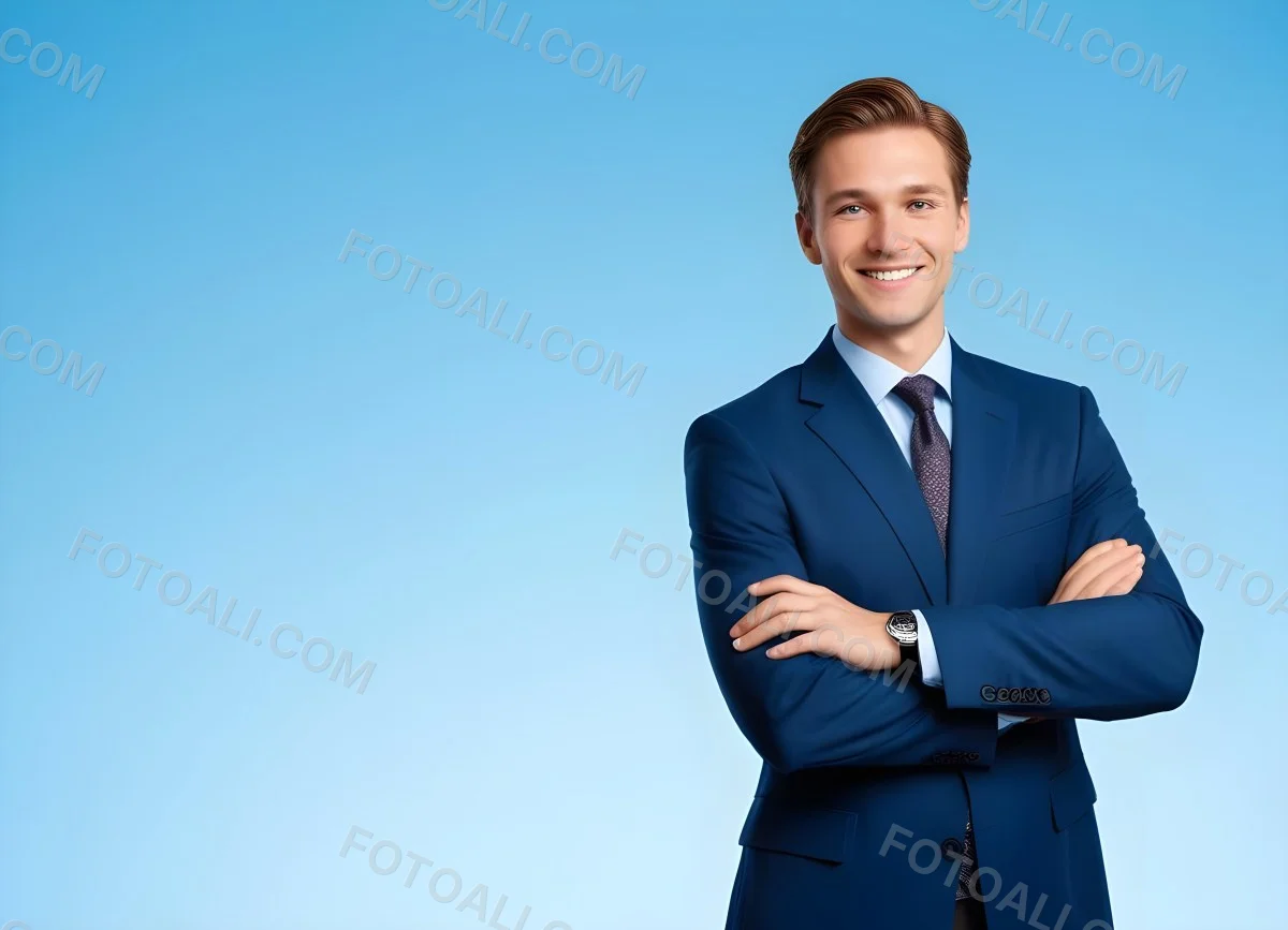 Minimal Soft Studio Light Photography Caucasian Male Approximately 30 Years Old With Light Brown Hair Wearing A Blue Suit And Tie Smiling With Arms Crossed Against A Light Blue Background High Detail Solid Bol 27 620b