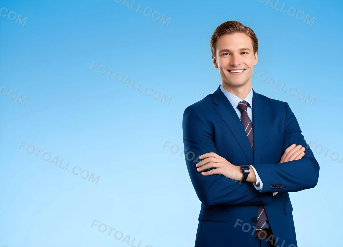 Minimal Soft Studio Light Photography Caucasian Male Approximately 30 Years Old With Light Brown Hair Wearing A Blue Suit And Tie Smiling With Arms Crossed Against A Light Blue Background High Detail Solid Bol 3 7d59