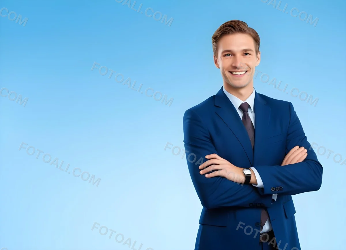 Minimal Soft Studio Light Photography Caucasian Male Approximately 30 Years Old With Light Brown Hair Wearing A Blue Suit And Tie Smiling With Arms Crossed Against A Light Blue Background High Detail Solid Bol 30 84ef