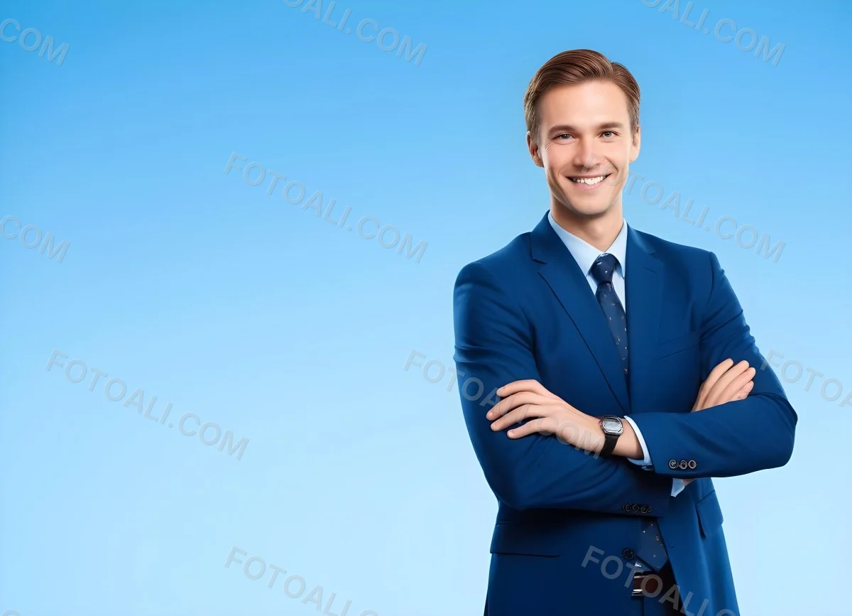 Minimal Soft Studio Light Photography Caucasian Male Approximately 30 Years Old With Light Brown Hair Wearing A Blue Suit And Tie Smiling With Arms Crossed Against A Light Blue Background High Detail Solid Bol 4 8cd0