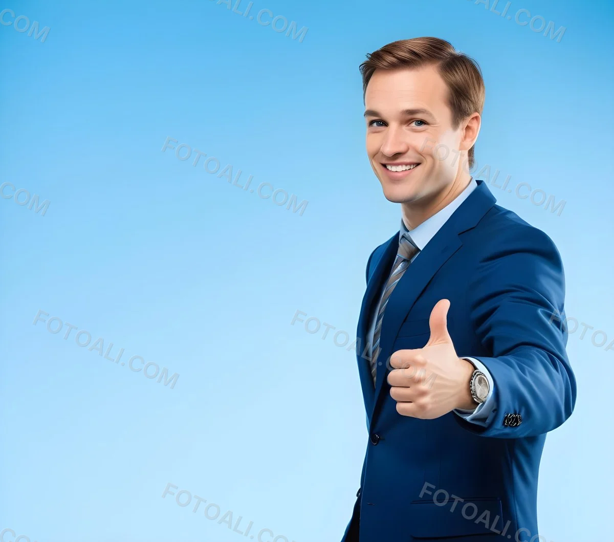 Minimal Soft Studio Light Photography Caucasian Male Approximately 30 Years Old With Light Brown Hair Wearing A Blue Suit And Tie Smiling With Arms Crossed Against A Light Blue Background High Detail Solid Bol 8 Cea0
