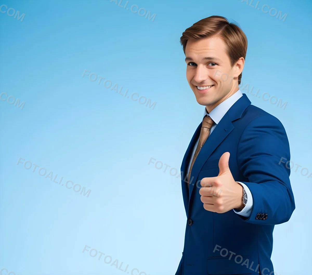 Minimal Soft Studio Light Photography Caucasian Male Approximately 30 Years Old With Light Brown Hair Wearing A Blue Suit And Tie Smiling With Arms Crossed Against A Light Blue Background High Detail Solid Bol 9 Ecf1