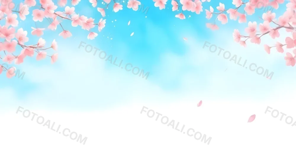 Minimal Soft Studio Light Photography Cherry Blossom Flowers With Pink Petals On A Blue Sky Background Some Petals Falling Down Soft And Dreamy Atmosphere Watercolor Style High Detail Solid Bold Color Background 1 11 8917