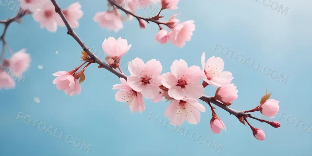 Minimal Soft Studio Light Photography Cherry Blossom Flowers With Pink Petals On A Blue Sky Background Some Petals Falling Down Soft And Dreamy Atmosphere Watercolor Style High Detail Solid Bold Color Background 1 12 85cd