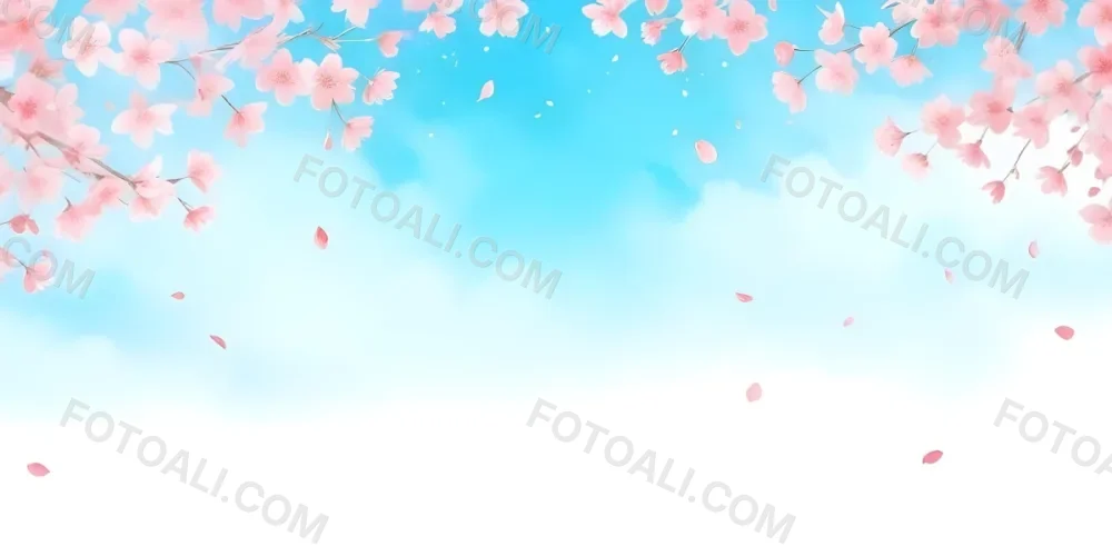 Minimal Soft Studio Light Photography Cherry Blossom Flowers With Pink Petals On A Blue Sky Background Some Petals Falling Down Soft And Dreamy Atmosphere Watercolor Style High Detail Solid Bold Color Background 1 15 2515