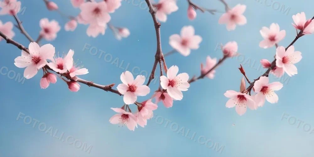 Minimal Soft Studio Light Photography Cherry Blossom Flowers With Pink Petals On A Blue Sky Background Some Petals Falling Down Soft And Dreamy Atmosphere Watercolor Style High Detail Solid Bold Color Background 1 16 C0ca