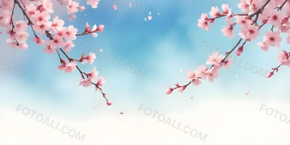 Minimal Soft Studio Light Photography Cherry Blossom Flowers With Pink Petals On A Blue Sky Background Some Petals Falling Down Soft And Dreamy Atmosphere Watercolor Style High Detail Solid Bold Color Background 1 20 Fc67