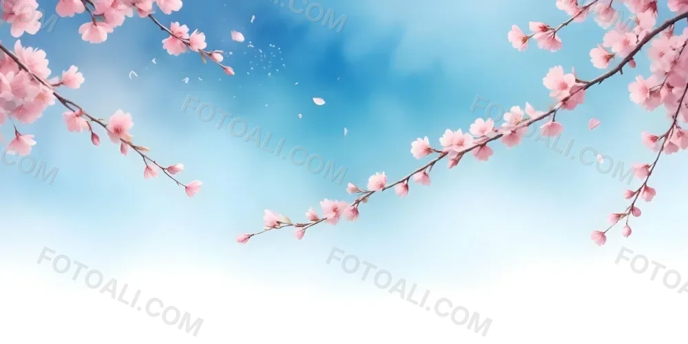 Minimal Soft Studio Light Photography Cherry Blossom Flowers With Pink Petals On A Blue Sky Background Some Petals Falling Down Soft And Dreamy Atmosphere Watercolor Style High Detail Solid Bold Color Background 1 21 4e52