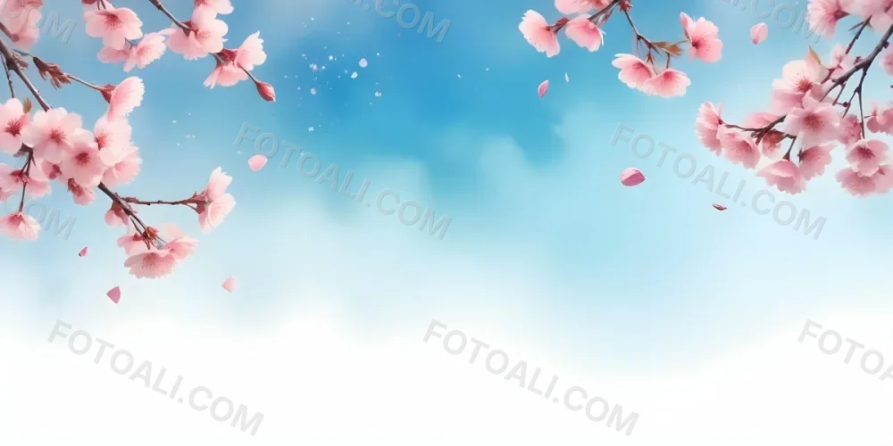 Minimal Soft Studio Light Photography Cherry Blossom Flowers With Pink Petals On A Blue Sky Background Some Petals Falling Down Soft And Dreamy Atmosphere Watercolor Style High Detail Solid Bold Color Background 1 25 A7d6