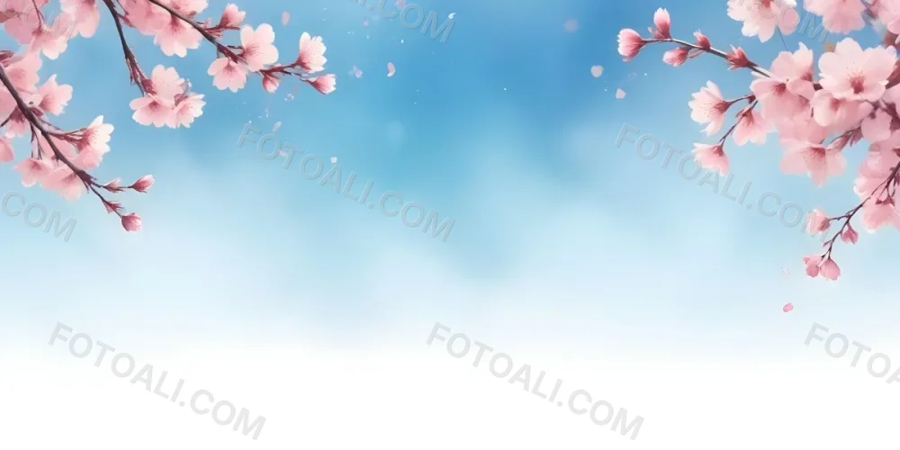 Minimal Soft Studio Light Photography Cherry Blossom Flowers With Pink Petals On A Blue Sky Background Some Petals Falling Down Soft And Dreamy Atmosphere Watercolor Style High Detail Solid Bold Color Background 1 28 049e