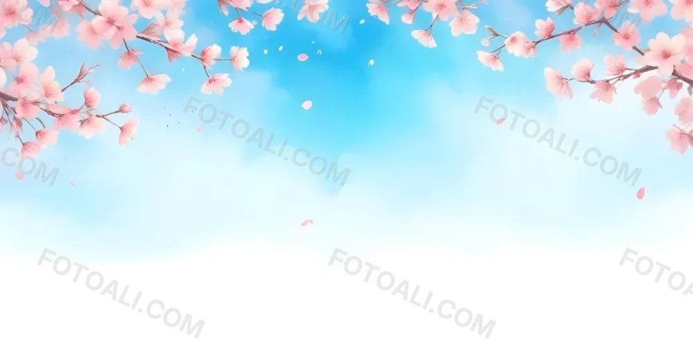 Minimal Soft Studio Light Photography Cherry Blossom Flowers With Pink Petals On A Blue Sky Background Some Petals Falling Down Soft And Dreamy Atmosphere Watercolor Style High Detail Solid Bold Color Background 1 3 Afc0
