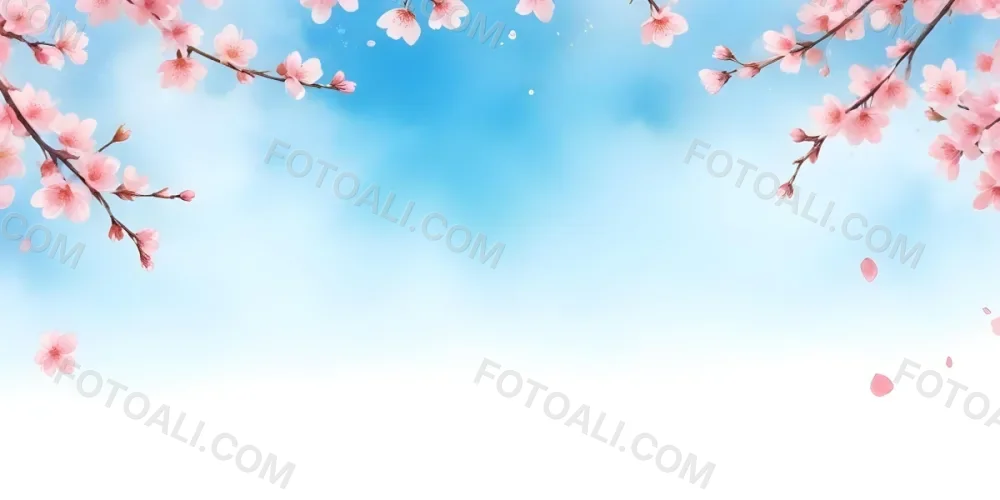 Minimal Soft Studio Light Photography Cherry Blossom Flowers With Pink Petals On A Blue Sky Background Some Petals Falling Down Soft And Dreamy Atmosphere Watercolor Style High Detail Solid Bold Color Background 1 31 4674