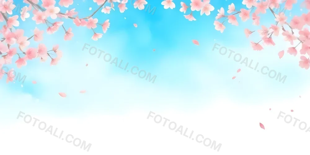 Minimal Soft Studio Light Photography Cherry Blossom Flowers With Pink Petals On A Blue Sky Background Some Petals Falling Down Soft And Dreamy Atmosphere Watercolor Style High Detail Solid Bold Color Background 1 5 261c